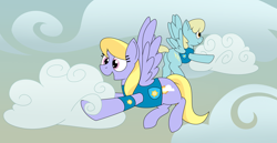 Size: 3977x2060 | Tagged: safe, artist:craftedburb, cloud kicker, sassaflash, pegasus, pony, g4, my little pony: friendship is magic, winter wrap up, clothes, cloud, duo, duo female, female, happy, mare, open mouth, open smile, outdoors, smiling, vest, weather team, winter wrap up vest
