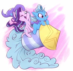 Size: 3200x3100 | Tagged: safe, artist:midnightpremiere, starlight glimmer, trixie, pony, unicorn, g4, 2018, accessory swap, cape, clothes, cute, diatrixes, duo, duo female, female, glimmerbetes, guardians of harmony, hat, high res, horn, mare, one eye closed, open mouth, open smile, rocket, signature, simple background, smiling, smirk, smoke, toy, toy interpretation, trixie's cape, trixie's hat, trixie's rocket, white background