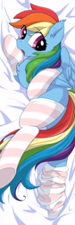 Size: 3011x8917 | Tagged: safe, artist:yukandasama, rainbow dash, pegasus, pony, g4, body pillow, body pillow design, chest fluff, clothes, female, mare, open mouth, socks, solo, stockings, striped socks, tail, thigh highs, wings