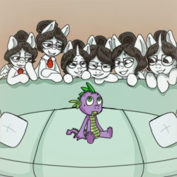 Size: 3000x3000 | Tagged: safe, artist:hollaholla69, raven, spike, writing desk, dragon, earth pony, pegasus, pony, unicorn, g4, age difference, couch, crossed hooves, dragon tail, evil smile, female, glasses, harem, high res, hoof on chin, horn, imminent sex, indoors, male, meme, nervous, piper perri surrounded, self paradox, ship:ravenspike, shipping, sitting, smiling, species swap, spike gets all the mares, straight, tail, this will end in snu snu, wingless spike, wings