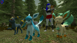 Size: 3840x2160 | Tagged: safe, artist:rainsstudio, oc, oc:black rain, alicorn, eevee, glaceon, leafeon, umbreon, anthro, plantigrade anthro, 3d, alicorn oc, belly, belly button, big breasts, breasts, clothes, eyes closed, female, fingerless gloves, forest, gloves, horn, kneesocks, nature, nexgen, on shoulder, one eye closed, open mouth, outdoors, pointing, poké ball, pokémon, shoes, skirt, smiling, socks, source filmmaker, standing, tank top, tree, wings