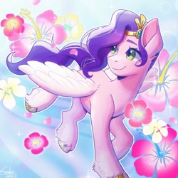 Size: 1300x1300 | Tagged: safe, artist:xiaowu07, derpibooru exclusive, pipp petals, pegasus, pony, g5, colored hooves, colored wings, diadem, female, flower, gold hooves, hibiscus, hoof fluff, hooves, jewelry, mare, regalia, smiling, solo, spread wings, unshorn fetlocks, wings
