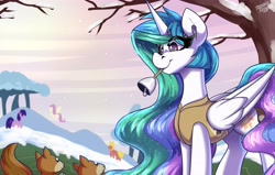 Size: 5500x3500 | Tagged: safe, artist:shadowreindeer, princess celestia, alicorn, pony, squirrel, g4, my little pony: friendship is magic, winter wrap up, absurd resolution, bell, female, folded wings, horn, large wings, long mane, mare, mouth hold, outdoors, snow, tree, wings, winter wrap up vest