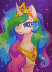 Size: 938x1280 | Tagged: safe, artist:uwushka, princess celestia, alicorn, pony, g4, bust, crown, jewelry, peytral, photo, portrait, regalia, smiling, solo, traditional art