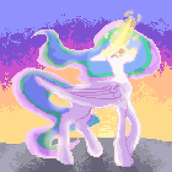 Size: 894x894 | Tagged: safe, artist:dumbmandarina, princess celestia, alicorn, pony, g4, digital art, glowing, glowing horn, horn, magic, pixel art, solo