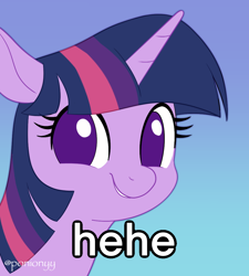 Size: 980x1090 | Tagged: safe, artist:sion, twilight sparkle, pony, unicorn, g4, bust, cute, faic, female, floppy ears, gradient background, hehe, horn, mare, meme, ponified animal photo, ponified meme, portrait, reaction image, smirk, solo, twiabetes, twiface, unicorn twilight
