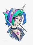 Size: 1500x2000 | Tagged: safe, artist:scheadar, princess celestia, alicorn, pony, g4, alternate hairstyle, bust, choker, clothes, ear piercing, earring, female, jacket, jewelry, mare, necklace, piercing, punklestia, simple background, smoking, solo, white background