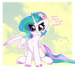 Size: 2000x2000 | Tagged: safe, artist:jubyskylines, princess celestia, alicorn, pony, g4, :3, alternate hairstyle, blushing, chest fluff, colored hooves, colored wings, colored wingtips, cute, cutelestia, dialogue, female, hoof polish, hooves, mare, outdoors, passepartout, sitting, solo, spread wings, wings
