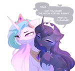 Size: 3901x3685 | Tagged: safe, artist:magnaluna, princess celestia, princess luna, alicorn, pony, g4, chest fluff, crown, cute, cutelestia, dialogue, duo, duo female, ear fluff, eyebrows, eyebrows visible through hair, eyes closed, female, grimace, heart, hoof shoes, horn, jewelry, lazy, long mane, lunabetes, mare, open mouth, peytral, princess shoes, regalia, speech bubble, unamused