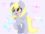 Size: 4000x3000 | Tagged: safe, artist:zokkili, derpy hooves, pegasus, pony, g4, bubble, cute, derp, derpabetes, eye clipping through hair, eyebrows, eyebrows visible through hair, female, heart, heart eyes, mare, open mouth, open smile, raised hoof, smiling, solo, spread wings, starry eyes, wingding eyes, wings