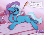 Size: 2000x1600 | Tagged: safe, artist:blackkaries, trixie, pony, unicorn, g4, bed, bedroom eyes, blushing, bottle, brush, brush request, brushable, cape, clothes, comb, discarded clothing, drunk, drunk bubbles, drunk trixie, emanata, female, hairbrush, hat, horn, indoors, looking at you, lying down, magic, mare, messy mane, on bed, prone, solo, speech bubble, talking to viewer, telekinesis, toy, trixie's cape, trixie's hat