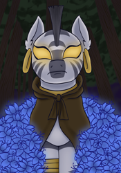 Size: 1668x2388 | Tagged: safe, artist:theedgyduck, part of a set, zecora, zebra, series:leechlord draws every episode, bridle gossip, g4, my little pony: friendship is magic, arm band, bangles, cloak, clothes, ear piercing, earring, everfree forest, female, glowing, glowing eyes, hooped earrings, jewelry, mare, mohawk, neck rings, necklace, outdoors, part of a series, piercing, poison joke, solo