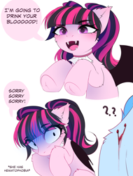 Size: 3333x4378 | Tagged: safe, artist:magnaluna, pony, undead, vampire, vampony, bite mark, blood, blushing, cheek fluff, crossover, cute, cute little fangs, draculaura, duo, ear fluff, eye clipping through hair, eyebrows, eyebrows visible through hair, fangs, female, hematophobia, hoof fluff, ironic, irony, leg fluff, mare, monster high, open mouth, ponified, question mark, shoulder fluff, solo focus, speech bubble, underhoof, wings