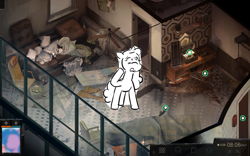 Size: 1440x900 | Tagged: safe, izzy moonbow, unicorn, g5, my little pony: tell your tale, the petal gala, alcohol, amnesia, animatic, ceiling fan, disco elysium, drink, fan, female, horn, interface, mare, no face, scared, solo
