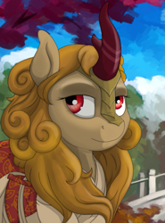 Size: 509x686 | Tagged: safe, artist:kajko, fern flare, kirin, equestria at war mod, g4, bust, clothes, looking offscreen, outdoors, portrait, solo