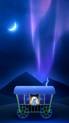 Size: 864x1536 | Tagged: safe, artist:sirius leaf, trixie, pony, unicorn, g4, aurora borealis, detailed background, female, horn, looking up, mare, moon, mountain, night, solo, wagon
