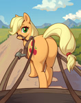 Size: 1573x2000 | Tagged: safe, artist:jotun22, applejack, earth pony, pony, g4, applebutt, bridle, butt, female, freckles, harness, journey, looking at you, looking back, looking back at you, mare, nature, offscreen character, outdoors, plot, pony pulls the wagon, pov, rear view, road, solo, tack, the ass was fat