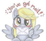 Size: 2047x1832 | Tagged: safe, artist:ohneechan, derpy hooves, pegasus, pony, g4, blushing, cute, derpabetes, female, letter, looking at you, mail, mare, mouth hold, simple background, solo, spread wings, transparent background, wings