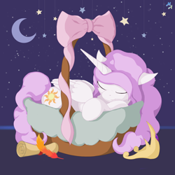 Size: 2500x2500 | Tagged: safe, artist:maslivka, princess celestia, alicorn, g4, basket, bow, cute, cutelestia, dark background, jewelry, moon, phoenix feather, regalia, scroll, sleeping, solo, stars, young celestia