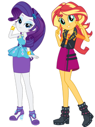 Size: 768x1024 | Tagged: safe, editor:jacksontormbaymaz, screencap, rarity, sunset shimmer, equestria girls, g4, ankle strap, belt, boots, bracelet, clothes, cutie mark accessory, cutie mark on clothes, duo, duo female, eyeshadow, female, flirting, frilly design, geode of empathy, geode of shielding, gold, grin, hairpin, high heel sandals, high heels, jewelry, leather, leather belt, leather boots, leather vest, lidded eyes, looking at you, magical geodes, makeup, necklace, pencil skirt, pendant, pink skirt, pose, purple skirt, sandals, shirt, shoes, shoulderless, shoulderless shirt, simple background, skirt, smiling, smiling at you, spikes, studs, tank top, teenager, teeth, transparent background, vest
