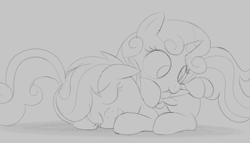 Size: 2211x1269 | Tagged: safe, artist:dtcx97, scootaloo, sweetie belle, pegasus, pony, unicorn, g4, duo, duo female, eyes closed, female, females only, filly, foal, grooming, horn, lying down, monochrome, preening, prone, sketch, smiling, wings