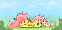 Size: 828x401 | Tagged: safe, artist:raystarkitty, angel bunny, fluttershy, pegasus, pony, rabbit, g4, 3:, animal, blue sky, boop, bush, closed mouth, cloud, d:, day, duo, duo male and female, feathered wings, female, flop, floppy ears, folded wings, frown, full body, grass, hand on hip, looking at each other, looking at someone, lying down, male, mare, noseboop, open mouth, outdoors, side view, sky, sweat, underhoof, wings