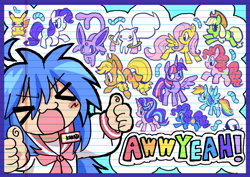Size: 2283x1614 | Tagged: safe, artist:raystarkitty, applejack, fluttershy, rainbow dash, rarity, starlight glimmer, twilight sparkle, alicorn, earth pony, espeon, human, pegasus, pikachu, pony, unicorn, worm, g4, :3, applejack's hat, aside glance, blush scribble, blush sticker, blushing, border, clothes, cowboy hat, crossover, eyebrows, eyebrows visible through hair, eyes closed, feathered wings, female, full body, group, hat, horn, incubator (species), izumi konata, kyubey, larva, lined paper, long sleeves, looking at you, lucky star, mare, mcdonald's, name tag, no mouth, one wing out, open mouth, open smile, pokémon, puella magi madoka magica, school uniform, side view, smiling, thumbs up, turned head, twilight sparkle (alicorn), uniform, wings, x3