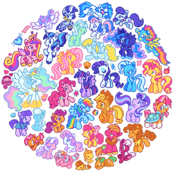 Size: 1800x1792 | Tagged: safe, artist:raystarkitty, apple bloom, applejack, babs seed, big macintosh, bon bon, cheerilee, cheese sandwich, cozy glow, derpy hooves, diamond tiara, dj pon-3, fluttershy, lyra heartstrings, maud pie, octavia melody, pinkie pie, pound cake, princess cadance, princess celestia, princess flurry heart, princess luna, pumpkin cake, rainbow dash, rarity, scootaloo, shining armor, silver spoon, snails, spitfire, starlight glimmer, sunburst, sunset shimmer, sweetie belle, sweetie drops, trixie, twilight sparkle, vinyl scratch, zecora, alicorn, earth pony, pegasus, pony, zebra, g4, :<, :d, :p, apple, apple bloom's bow, applejack's hat, aside glance, baby, baby pony, big macintosh's yoke, bow, bowtie, bracelet, braid, circle, cloak, closed mouth, clothes, collared shirt, colored hooves, cowboy hat, crown, cupcake, ear piercing, earring, emanata, ethereal mane, everypony, eyes closed, eyeshadow, feathered wings, female, filly, flowing mane, flying, foal, food, full body, furrowed brow, gem, glasses, goggles, goggles on head, grin, group, hair bow, hat, heart, heart ears, heart eyes, heart mark, hoof shoes, hooves, horn, horse collar, jewelry, lidded eyes, logo, long horn, looking at each other, looking at someone, looking at you, looking up, lying down, makeup, male, mare, muffin, necklace, no mouth, open mouth, open smile, pearl necklace, piercing, princess shoes, prone, raised hoof, regalia, ringlets, round glasses, shirt, short sleeves, side view, signature, simple background, sitting, smiling, sparkles, spread wings, stallion, standing on three hooves, starry mane, starry tail, sunburst's cloak, sunburst's glasses, sunglasses, tail, three quarter view, tiara, tongue out, transparent background, turned head, twilight sparkle (alicorn), unshorn fetlocks, vinyl's glasses, wingding eyes, wings, zap apple