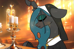 Size: 1615x1080 | Tagged: safe, artist:tamers12345, queen chrysalis, alicorn, pony, my little pony: coco pommel has her heart stolen, g4, candle, church, light rays, nun, praying