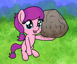 Size: 1661x1369 | Tagged: safe, artist:craftycirclepony, lily longsocks, earth pony, pony, g4, boulder, cute, dirty, female, filly, foal, grass, hair tie, happy, heart, heart eyes, holding, looking at you, open mouth, open smile, outdoors, sitting, smiling, solo, super strength, tail tie, wingding eyes