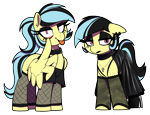 Size: 1760x1354 | Tagged: safe, artist:thebatfang, oc, oc only, oc:matinee, oc:soiree, earth pony, pegasus, pony, mare fair, :p, akanbe, black dress, black eyeshadow, choker, clothes, cross, cross necklace, dress, duo, duo female, earth pony oc, eyelid pull, eyeshadow, feather fingers, female, fishnet clothing, fishnet stockings, goth, jewelry, makeup, mare, necklace, pegasus oc, simple background, stockings, thigh highs, tongue out, transparent background, wing hands, wings