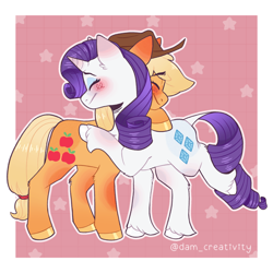 Size: 2048x2048 | Tagged: safe, artist:dam-creativity, applejack, rarity, earth pony, pony, unicorn, g4, ^^, applejack's hat, blue eyeshadow, blush scribble, blushing, bushy brows, closed mouth, cowboy hat, duo, duo female, eyebrows, eyebrows visible through hair, eyes closed, eyeshadow, female, full body, grid background, hat, high res, horn, hug, leg fluff, lesbian, makeup, mare, outline, passepartout, raised leg, shiny hooves, ship:rarijack, shipping, side view, signature, smiling, standing, starry background, tail tie, unshorn fetlocks, white outline
