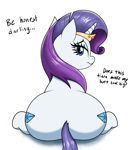 Size: 1329x1500 | Tagged: safe, artist:vomitvomiting, rarity, pony, unicorn, g4, both cutie marks, butt, dialogue, eyeshadow, female, horn, it's a trap, jewelry, looking at you, looking back, looking back at you, makeup, mare, plot, rear view, rearity, simple background, sitting, solo, talking to viewer, tiara, white background