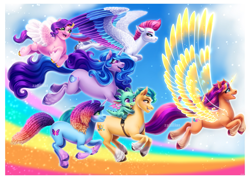 Size: 1999x1435 | Tagged: safe, artist:zatillias, hitch trailblazer, izzy moonbow, misty brightdawn, pipp petals, sparky sparkeroni, sunny starscout, zipp storm, alicorn, dragon, earth pony, pegasus, pony, unicorn, g5, my little pony: make your mark, artificial horn, artificial wings, augmented, belly, chubby, cute, diadem, female, flying, group, happy, horn, horns, jewelry, large wings, magic, magic horn, magic wings, male, mane five, mane seven (g5), mane six (g5), mane stripe sunny, mare, open mouth, open smile, outdoors, passepartout, pipp is short, race swap, rainbow, realistic anatomy, realistic horse legs, rebirth misty, regalia, riding, riding a pony, signature, smiling, spread wings, stallion, sunnycorn, tail, unshorn fetlocks, wings