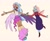 Size: 1776x1461 | Tagged: safe, artist:timelessclownry, ocellus, silverstream, changedling, changeling, human, g4, blue dress, blushing, bracelet, clothes, dress, duo, female, flower, flower in hair, holding hands, horn, humanized, jewelry, leg warmers, long nails, necklace, pink skirt, ring, sandals, simple background, skirt, spread wings, toes, white background, winged humanization, wings