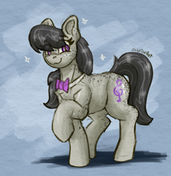 Size: 922x952 | Tagged: safe, artist:reddthebat, octavia melody, earth pony, pony, g4, abstract background, body freckles, bowtie, chest fluff, cute, ear fluff, ear freckles, eye clipping through hair, eyebrows, eyebrows visible through hair, female, freckles, leg freckles, looking at you, mare, raised hoof, signature, smiling, smiling at you, solo, sparkles, tavibetes