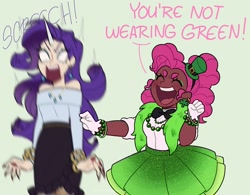 Size: 2048x1601 | Tagged: safe, artist:timelessclownry, pinkie pie, rarity, human, g4, holiday, humanized, pinch, saint patrick's day, saint patrick's day 2025, screaming, smiling
