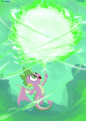 Size: 1500x2100 | Tagged: safe, artist:loreto-arts, spike, dragon, g4, fire, flying, green fire, looking up, male, open mouth, open smile, outdoors, smiling, solo, winged spike, wings