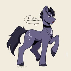 Size: 1889x1889 | Tagged: safe, artist:joongbug_arts, earth pony, pony, ateez, choker, dialogue, ear piercing, earring, jewelry, k-pop, male, necklace, piercing, ponified, seonghwa, simple background, solo, speech bubble, stallion, unshorn fetlocks, white background, worried
