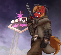 Size: 4100x3700 | Tagged: safe, artist:pananovich, oc, oc only, unicorn, anthro, fallout equestria, cigarette, clothes, commission, cowboy hat, gloves, gun, handgun, hat, horn, las pegasus, longcoat, low angle, male, neon, neon sign, revolver, smoking, solo, stallion
