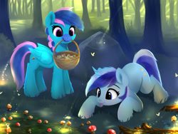 Size: 2400x1800 | Tagged: safe, artist:darksly, minuette, oc, pegasus, pony, unicorn, g4, basket, crepuscular rays, duo, forest, horn, mouth hold, mushroom, nature, outdoors, pegasus oc, tongue out, tree