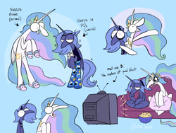 Size: 2048x1536 | Tagged: safe, artist:me-beef, princess celestia, princess luna, alicorn, pony, g4, big eyes, casual nudity, clothes, coffee, cookie monster, couch, duo, duo female, female, food, jewelry, mare, nudity, pajamas, paul blart, pillow, popcorn, regalia, shocked, sleeping, sleeping in the nude, slippers, television, themed slippers, we don't normally wear clothes