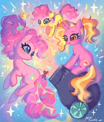 Size: 1741x2048 | Tagged: safe, artist:petaltwinkle, li'l cheese, luster dawn, pinkie pie, earth pony, pony, unicorn, g4, female, filly, foal, horn, mare, older, older pinkie pie, open mouth, open smile, party cannon, smiling, trio, trio female