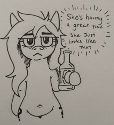 Size: 2404x2637 | Tagged: safe, artist:jargon scott, oc, oc only, oc:anon-mare, earth pony, pony, :<, alcohol, beer, bipedal, female, frown, grayscale, hoof hold, lidded eyes, looking at you, mare, monochrome, pen drawing, solo, traditional art