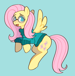 Size: 1990x2007 | Tagged: safe, artist:eadekki, fluttershy, pegasus, pony, g4, :d, blue background, blushing, clothes, colored eyebrows, cute, cyan background, eyebrows, feathered wings, female, flutternerd, flying, full body, glasses, hooves to the chest, long sleeves, looking at you, mare, no pupils, open mouth, open smile, requested art, round glasses, simple background, smiling, smiling at you, sweater, sweatershy, teal eyes, three quarter view, turtleneck, turtleneck sweater, wings