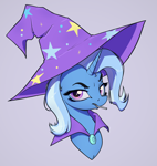 Size: 1700x1800 | Tagged: safe, artist:aquaticvibes, trixie, pony, unicorn, g4, bust, cape, clothes, female, hat, horn, lavender background, mare, simple background, solo, trixie's cape, trixie's hat