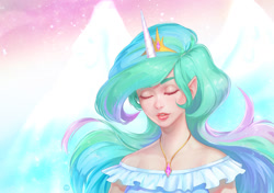 Size: 1200x846 | Tagged: safe, artist:murr000, princess celestia, human, g4, big breasts, breasts, clothes, crown, eyes closed, female, horn, horned humanization, humanized, jewelry, necklace, regalia, solo
