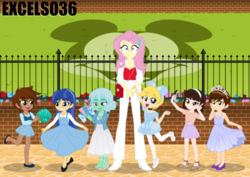 Size: 935x661 | Tagged: safe, artist:excelso36, fluttershy, human, equestria girls, g4, clothes, crossdressing, disneyland, nervous, nervous smile, smiling