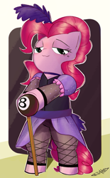 Size: 1145x1850 | Tagged: safe, artist:caralowhigh, pinkie pie, earth pony, pony, g4, bipedal, cane, clothes, cute, diapinkes, dress, eightball, female, fishnet clothing, fishnet pantyhose, lidded eyes, looking at you, mare, pantyhose, saloon dress, saloon pinkie, smiling, smiling at you, solo, toeless legwear