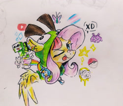 Size: 4096x3542 | Tagged: safe, artist:mirio_p2, fluttershy, butterfly, pegasus, pony, antonymph, vylet pony, g4, colored, creeper, full color, galaga, ncs, nyan cat, one eye closed, poké ball, pokémon, pride, pride flag, traditional art, transgender pride flag, wink, xd